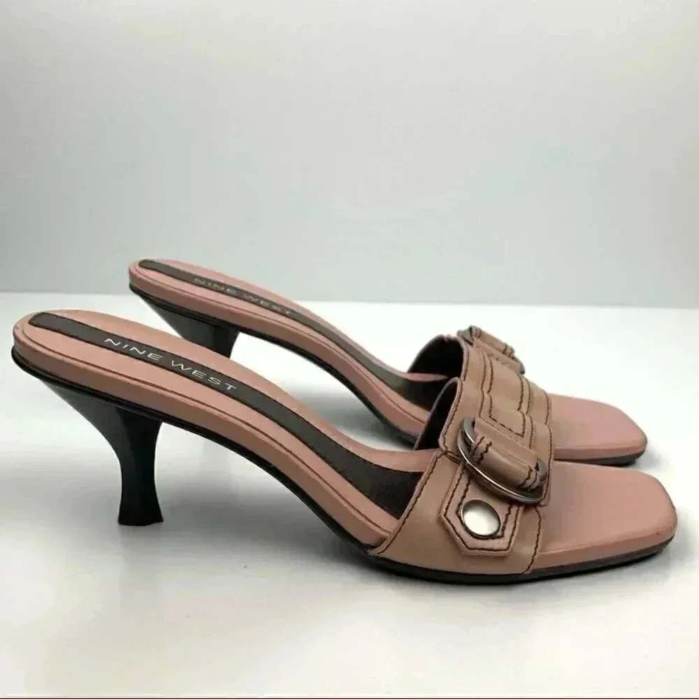 Nine West Yara heels sz 6 mauve pink leather square toe slides vintage 90s y2k